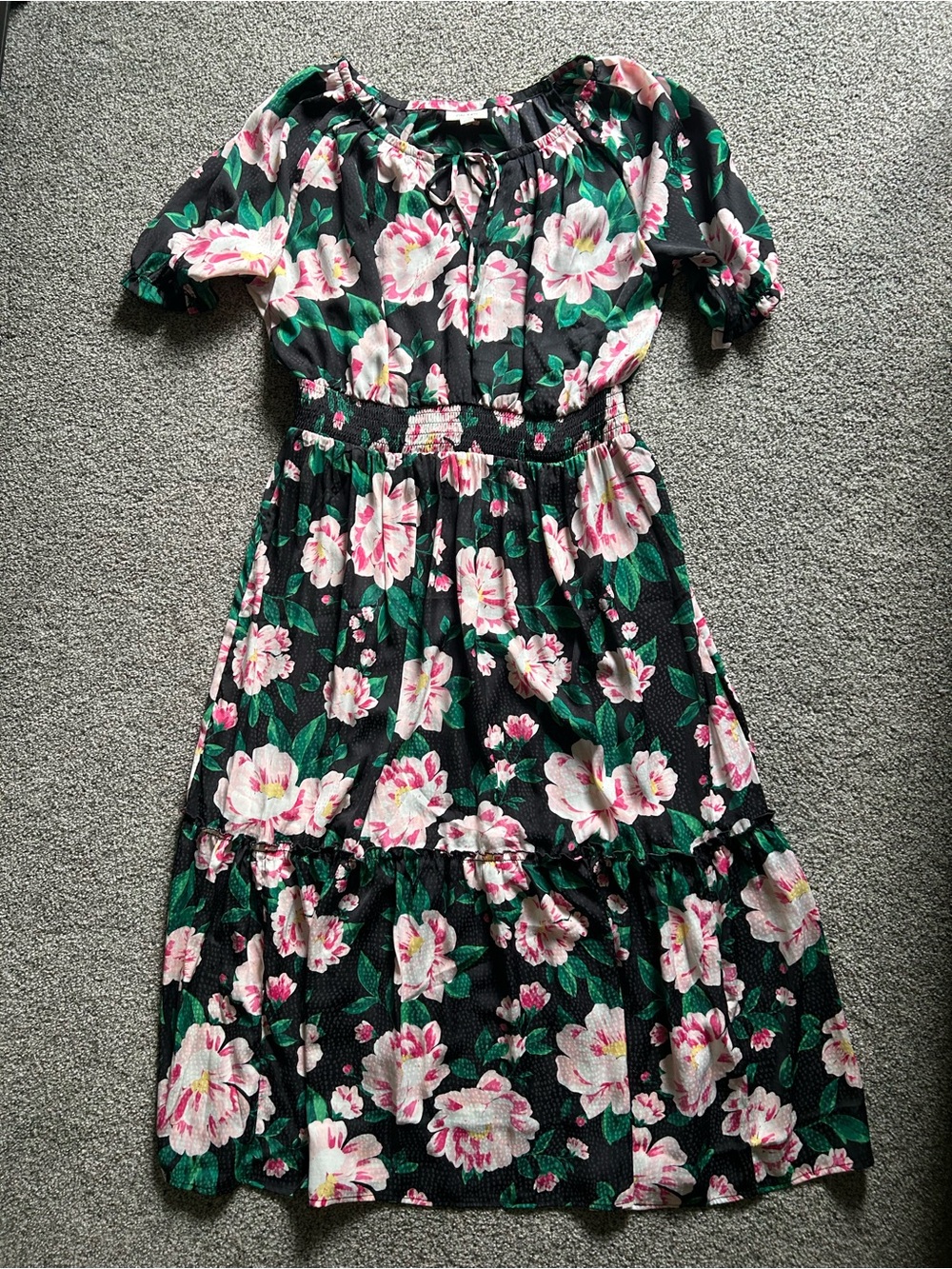 Black Floral Maxi Dress with Pink Blooms and Green Leaves
